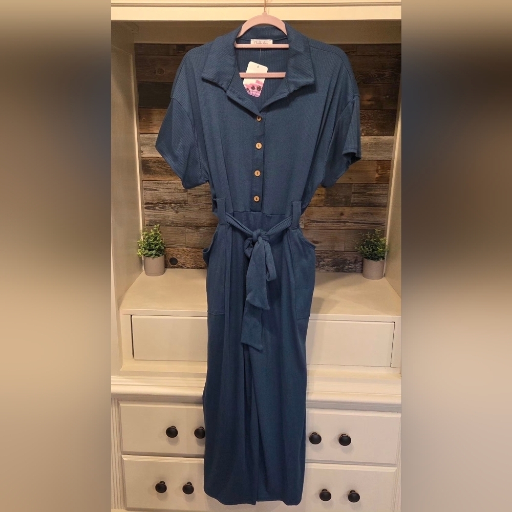 Dainty Hooligan By Charlotte Avery Ribbed Cozy Button-Up Jumpsuit- In Teal